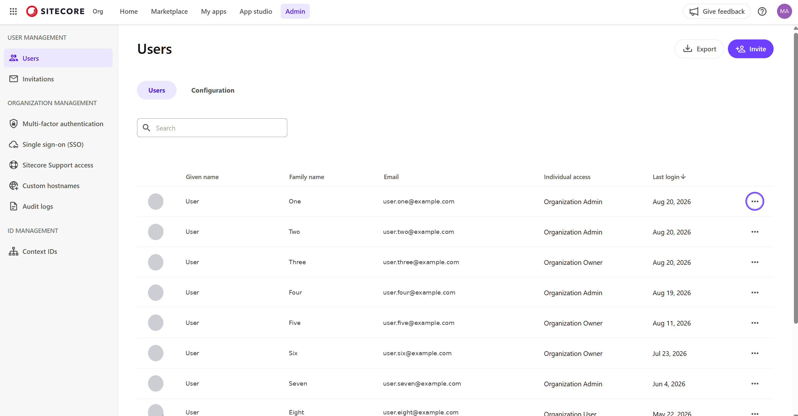 Sitecore Cloud Portal Admin Users list, showing an anonymised user table with an Individual access column reading Organization Admin or Organization Owner