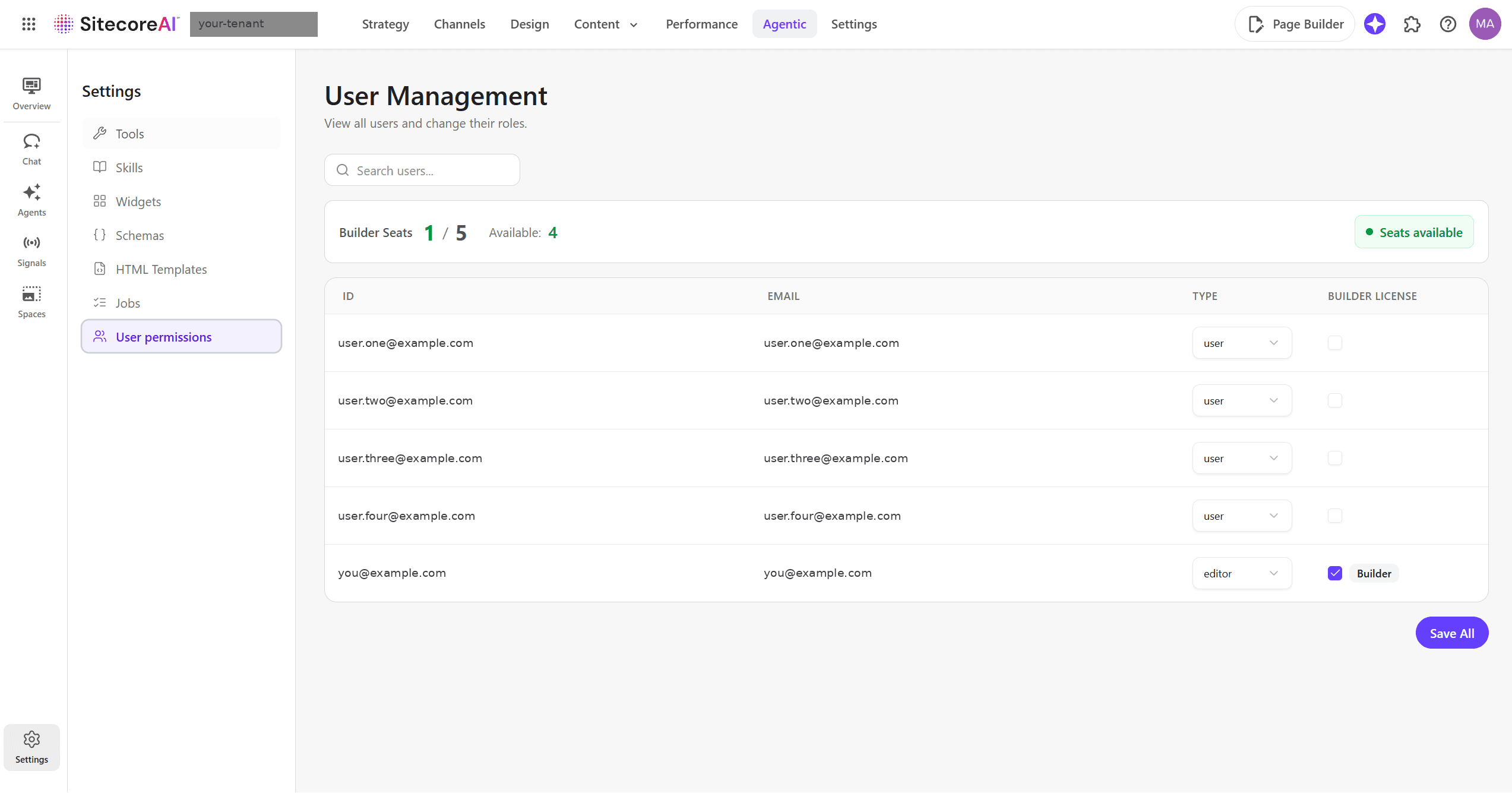 Agentic Studio User Management showing Builder Seats 1 of 5 with four available, a list of users, and a Builder License checkbox column with one user ticked