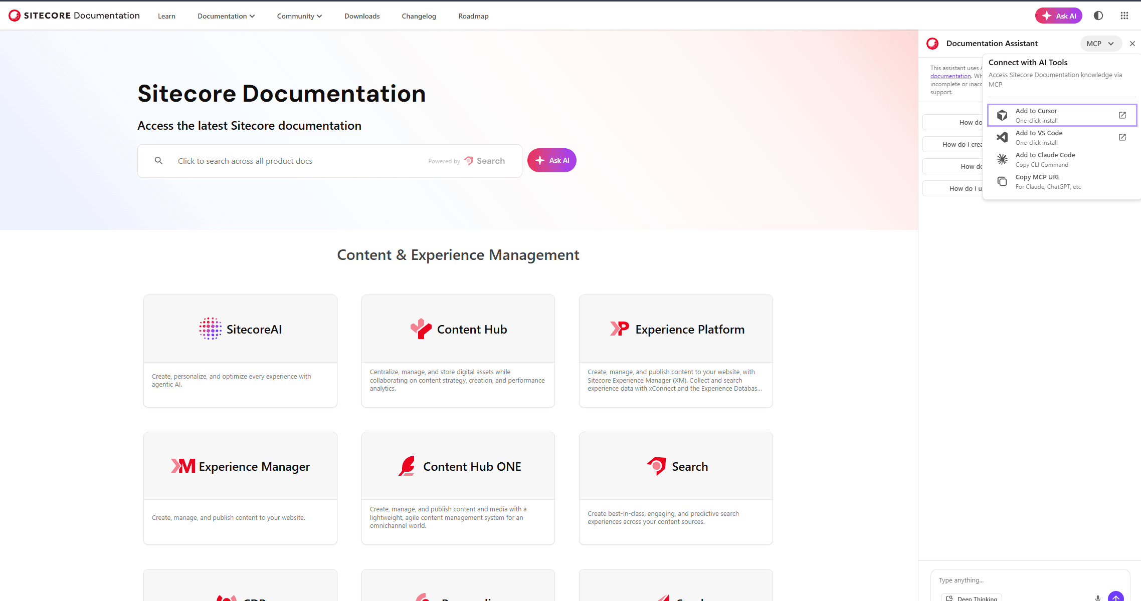 The Sitecore Documentation site with the Documentation Assistant panel open and the MCP dropdown expanded, showing Connect with AI Tools options: Add to Cursor, Add to VS Code, Add to Claude Code, and Copy MCP URL